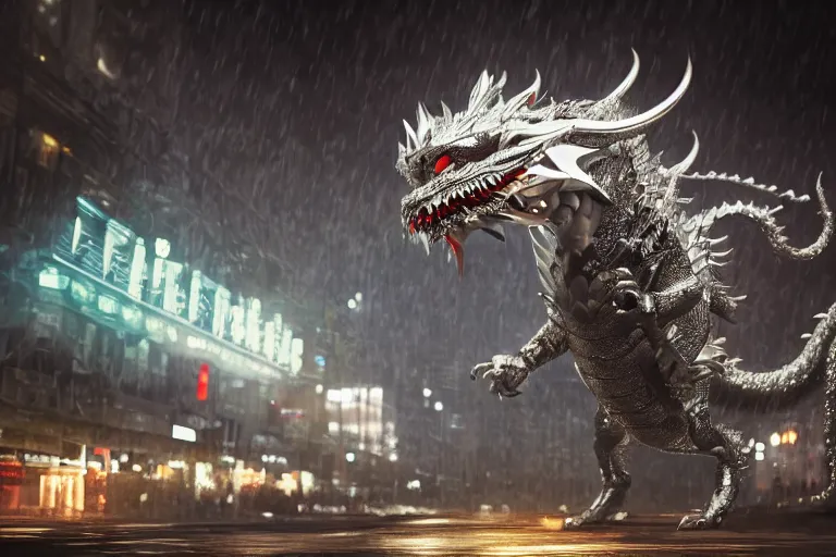 Prompt: cinematic wide angle shot of a silver cybernectic chinese dragon in the rain, midnight city lights, strong bokeh, dramatic lighting, unreal engine, cgsociety, artstation, 4k