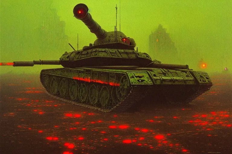 Image similar to glowing green alien crystals, polished green quartz surface irradiating radioactive zombie infested city, t - 9 0 tank, dark apocalyptic orange and red wasteland, beksinski