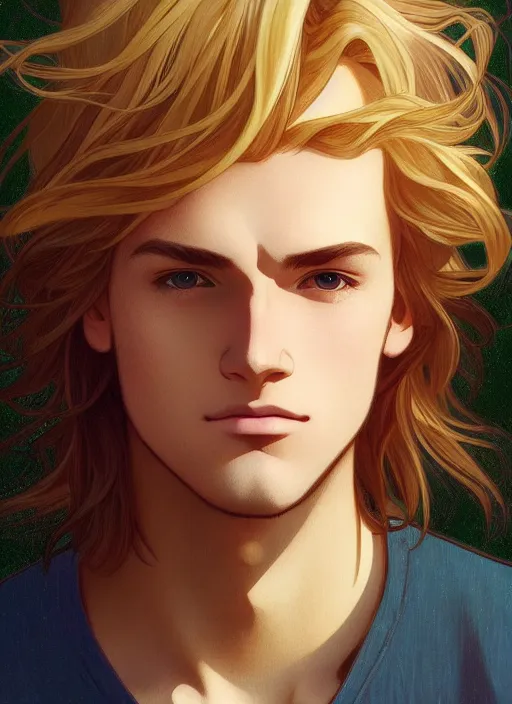 Image similar to pretty young man with shoulder length shiny shimmering golden blond hair, path traced, highly detailed, high quality, digital painting, by studio ghibli and alphonse mucha, leesha hannigan, makoto shinkai, disney