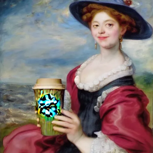 Prompt: heavenly summer sharp land sphere scallop well dressed lady holding a starbucks coffee cup, auslese, by peter paul rubens and eugene delacroix and karol bak, hyperrealism, digital illustration, fauvist, starbucks coffee cup