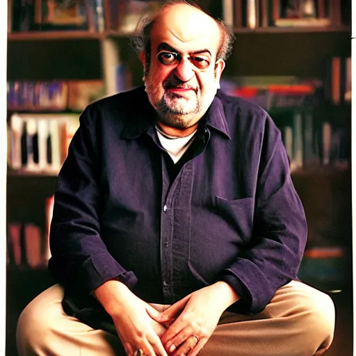 Image similar to kodachrome photographic portrait of author, salman rushdie from the year 3 0 0 0, portrait by annie liebowitz