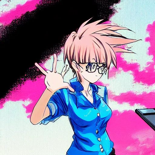 Image similar to anime - styled woman with pink messy hair and a blue dress shirt shows off her presentation, digital art, 9 0's anime, wide angle shot