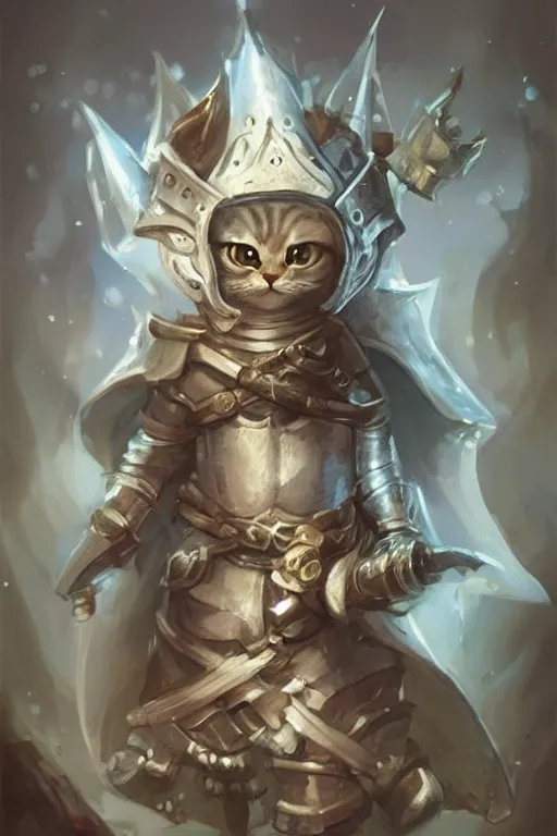 Image similar to cute little anthropomorphic cat knight wearing a cape and a crown, tiny, small, miniature cat , baby animal, short, pale blue armor, cute and adorable, pretty, beautiful, DnD character art portrait, matte fantasy painting, DeviantArt Artstation, by Jason Felix by Steve Argyle by Tyler Jacobson by Peter Mohrbacher, cinematic lighting