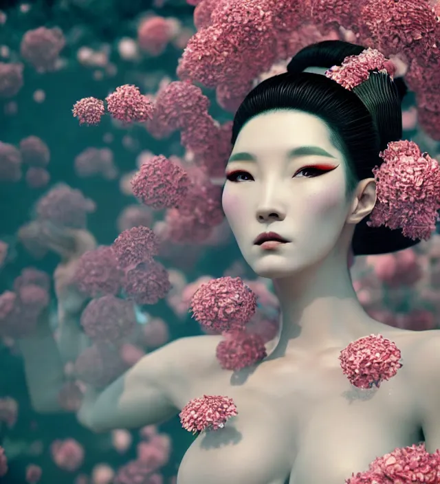 Prompt: baroque portrait of a geisha android berserker designed by vitaly bulgarov who is lying down in a river made of thousand of flowers, photorealistic, octane render, 8 k, depth of field