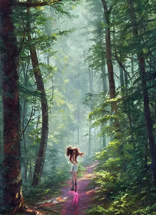 Prompt: a 1 7 years girl with long curly brown hair and blue eyes wearing colorful clothes is running in a summer forest, beautiful painting by artgerm and greg rutkowski