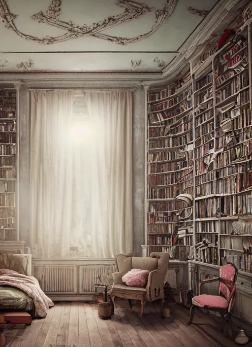 Prompt: cinematic matte painting digital art of architecture design, 4 k, hyperrealistic, composition by wes anderson, fisheye lens, pov perspective of maximalist botanical old shabby chic bedroom filled with posters and shelves and nic nacs by enjolras delphin, ethereal soft and fuzzy glow, by cicely mary barker