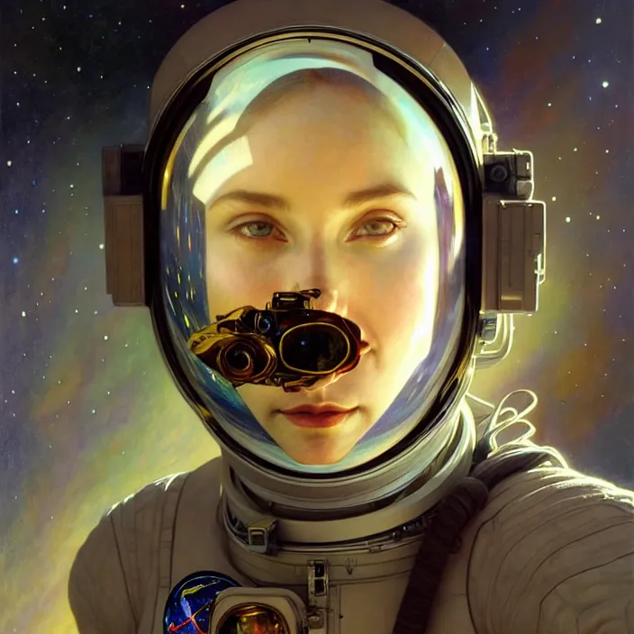 Prompt: astronaut with reflections on visor, diffuse lighting, fantasy, intricate, elegant, highly detailed, lifelike, photorealistic, digital painting, artstation, illustration, concept art, smooth, sharp focus, art by John Collier and Albert Aublet and Krenz Cushart and Artem Demura and Alphonse Mucha
