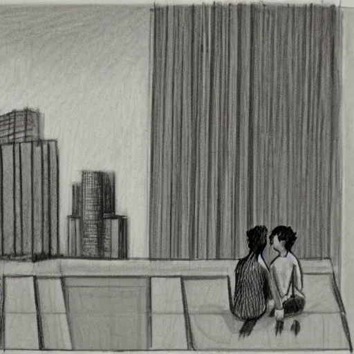 Prompt: a pencil sketch of 2 people, sitting on the edge of a building, looking away from the camera, tall rectangular buildings in the background, planes flying overhead