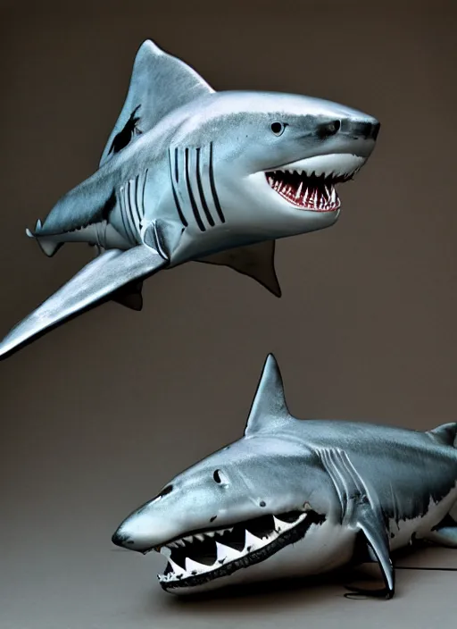 Image similar to jaws great white shark transformers, 1 9 8 0 s product photography, studio lighting
