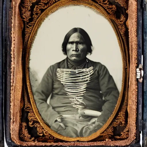 Prompt: Daguerreotype of a Cherokee Chief riding a large Malayan tapir