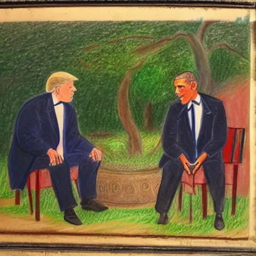 Prompt: 1 9 th century realistic oil pastel drawing of obama and trump having a lovely conversation in a garden, behind them is the white house.