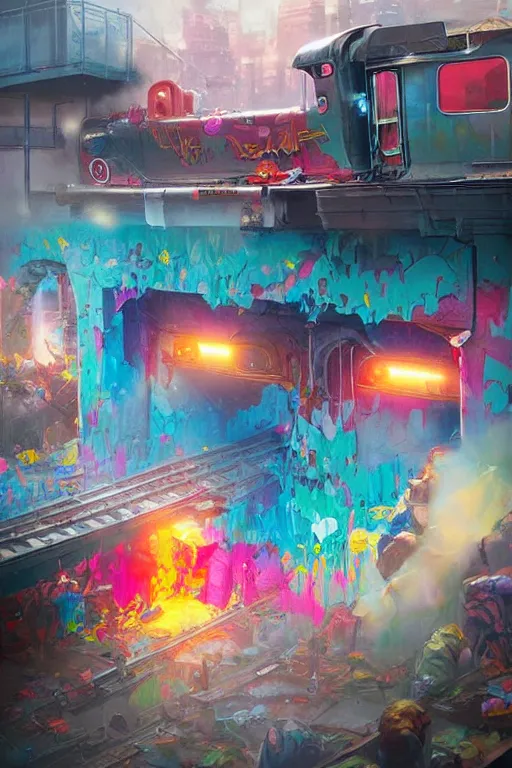 Image similar to trains covered colorful graffiti with paint drip, greg rutkowski, and moebius and loish and artgerm, painterly, illustration, backlit, beautiful artist rendering, gorgeous, masterpiece