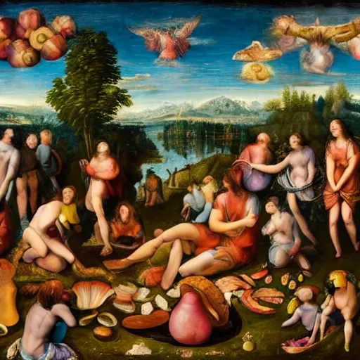 Prompt: Psychedelic Mushroom gathering, renaissance masterpiece