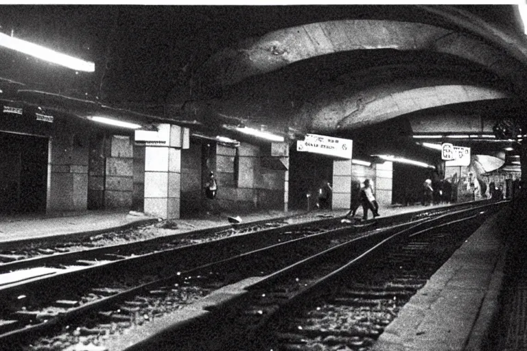 Image similar to photo from 1 9 6 5. very large giant mutant zombie irradiated ( angry rat ) staying on railways in tonnel of moscow subway. extreme high detail, very realistic. extreme long shot, low dark light, scary mood, anish kapoor, herman nitsch.