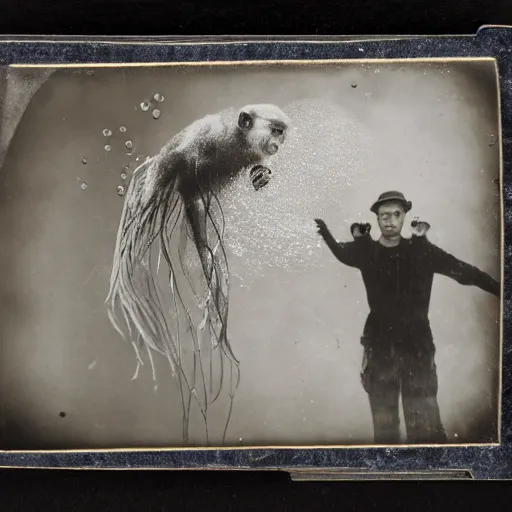 Image similar to tintype photo, underwater with bubbles, monkey rides a jellyfish