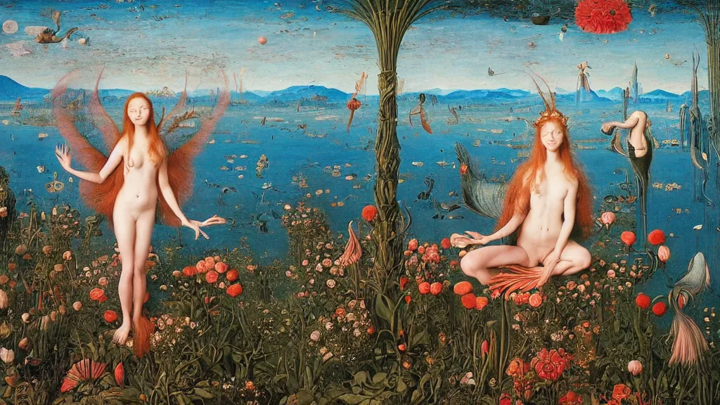 Image similar to a fish eye lense photograph of a meditating harpy mermaid surrounded by towering bulbous flowers. wide landscape with mountains, river delta. clear blue sky with stars. painted by jan van eyck, max ernst, ernst haeckel and ernst fuchs. trending on artstation, 8 k, award winning, fashion editorial, mythology, photorealistic