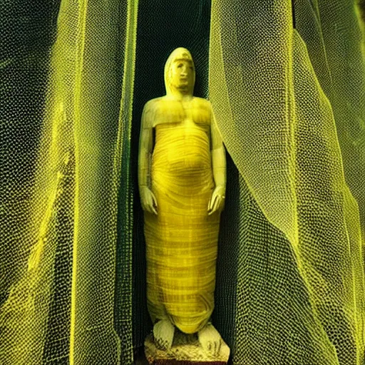 Prompt: “giant ancient statue wrapped in translucent yellow mesh tarps in a dense jungle”