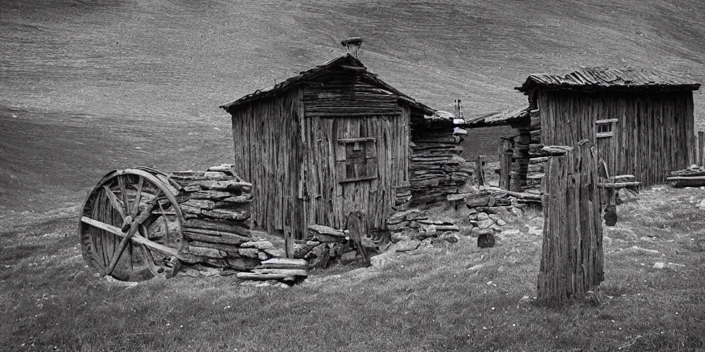 Prompt: 1 9 2 0 s photography of an old farmers hut in the dolomites, farmer tools, wooden cross, bondes, haystack, dark, eerie, grainy