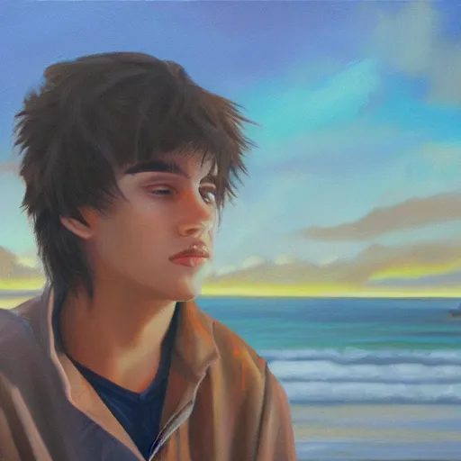 Image similar to a teen guy with mullet, portrait, sunset, ocean in distance, oil painting, pale colors, high detail, 8 k, wide angle, trending on artstation,