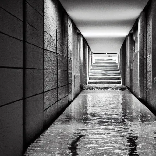 Image similar to an endless hallway with shallow water at the bottem of it, liminal