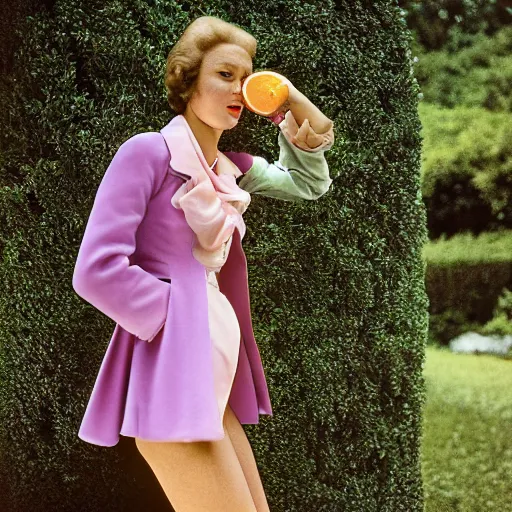 Prompt: sigma 8 5 mm f / 1. 4, monumental pale violet by slim aarons. a performance art of a young woman holding an orange