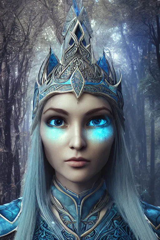 Prompt: elven princess wearing blue armor, magical, forest, evening, pale blue mist, lord of the rings, symmetrical face, large eyes, hyper realistic, digital art, octane render, trending on artstation, artstationhd, artstationhq, unreal engine, 4 k, 8 k