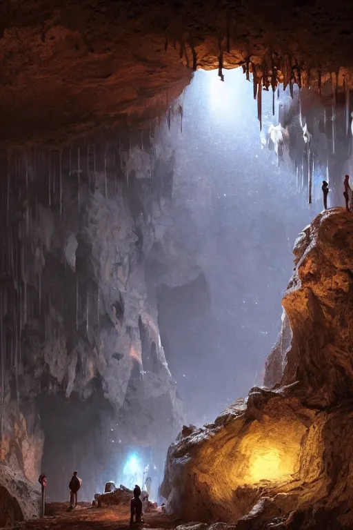 Prompt: limestone cave with tiny glowing translucent crystals on the walls , dynamic lighting, volumetric, bokeh, cinematic, establishing shot, extremly high detail, photo realistic, cinematic lighting, post processed, concept art, artstation, matte painting, style by eddie mendoza, raphael lacoste, alex ross