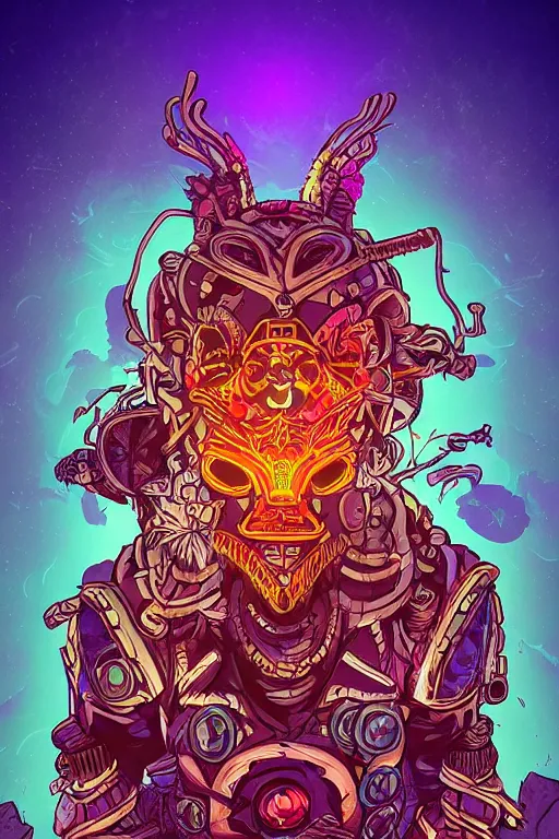 Image similar to totem animal tribal chaman vodoo mask feather gemstone plant wood rock video game illustration vivid color borderlands by josan gonzales and dan mumford radiating a glowing aura global illumination ray tracing