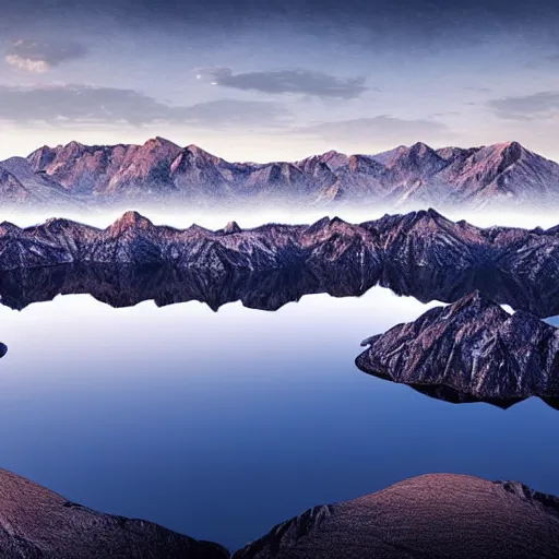 Prompt: a mountain range with a methane lake in the foreground, in titan moon, a matte painting by wen tong, flickr contest winner, art photography, high dynamic range, terragen, uhd image