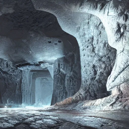 Prompt: digital painting, massive big dark ancient cave with alien structures, ultra high detail, realistic render, octane render, arnold render,