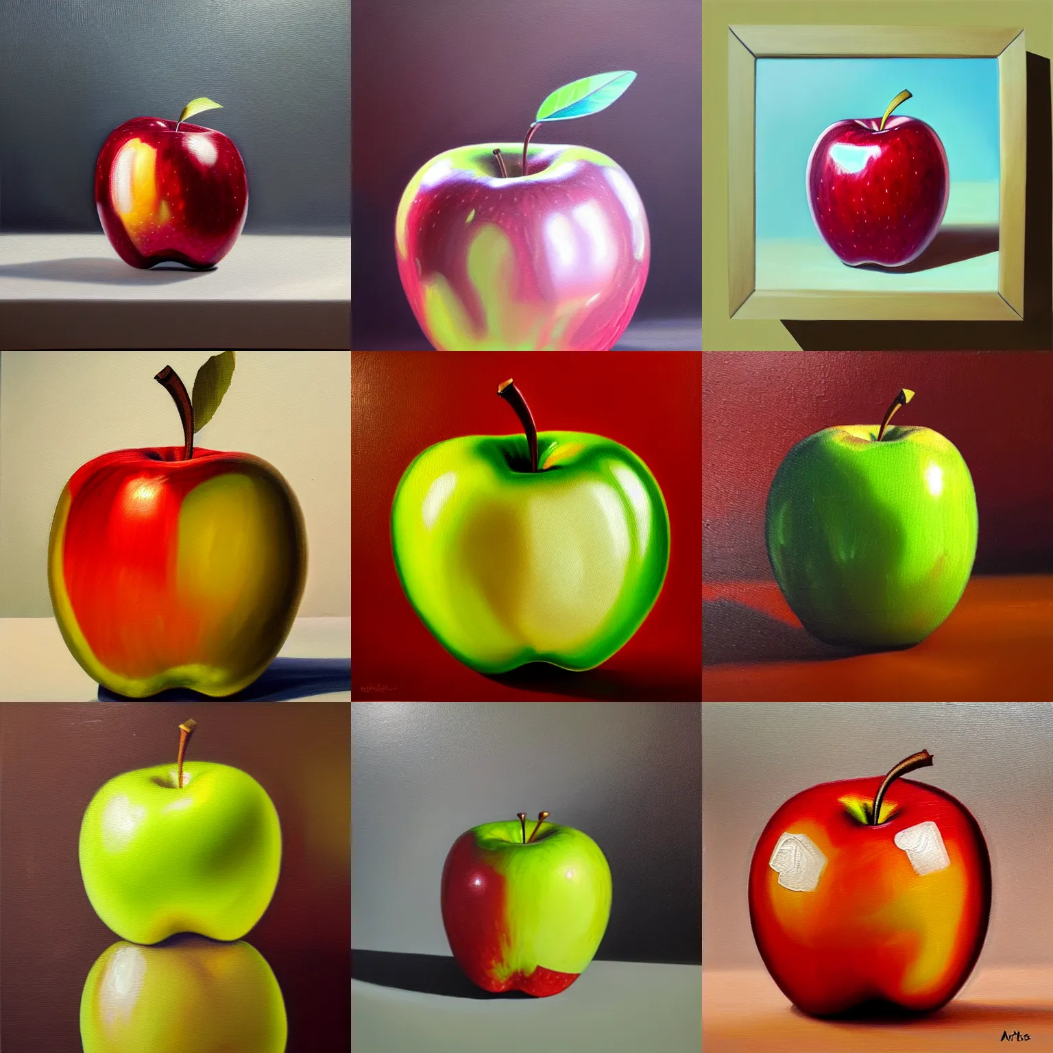 Prompt: Detailed oil painting of a transparent apple made of glass, trending on Artstation