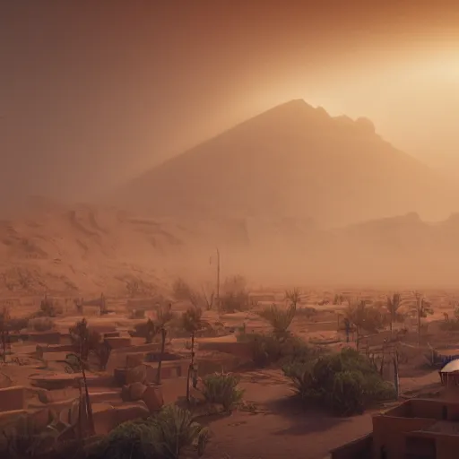 Prompt: A city in the middle of a desert, with a huge sandstorm, in the distance, digital painting, concept art, cityscape, volumetric lighting, light rays, Unreal Engine, 4k, by Barret Frymire