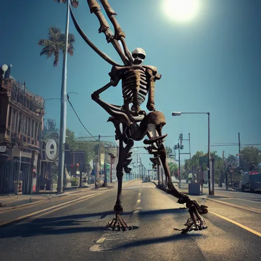 Image similar to Giant skeleton stands in the middle of the street, looks at the sun, volumetric lighting, hyperrealistic, beautiful details, HDR, octane render,