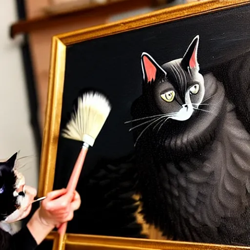 Image similar to a cat is painting with brushes, in a studio, painting the gordian knot black swan, in the technique of old masters, painting,