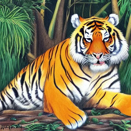 Image similar to Extraordinarily regal looking tiger lounging in the jungle. Award winning art