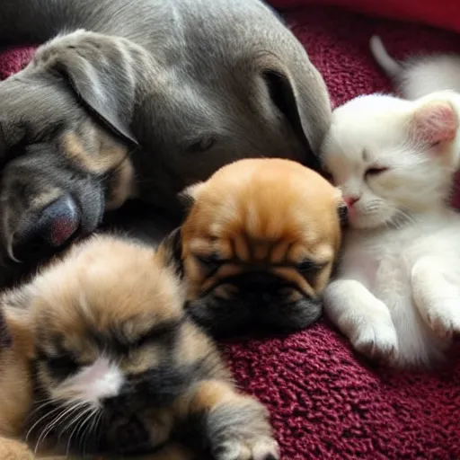 Image similar to puppies and kittens taking a nap together