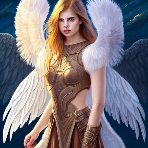 Prompt: portrait of young aasimar angel girl maiden wearing comfy leather armor with beautiful feathered angel wings, cute face, brown eyes, Alison Williams, Emma Roberts, by artgerm and greg rutkowski and alphonse mucha and andrei riabovitchev and Rossdraws and Bluesssatan and Mandy Jurgens and Stjepan Sejic, 4k oil on linen, vivid colors, colorful, photorealistic, high dynamic range, HDR, intricate, elegant, highly detailed, digital painting, artstation, concept art, smooth, sharp focus, illustration, mid-shot, medium shot, hyperdetailed