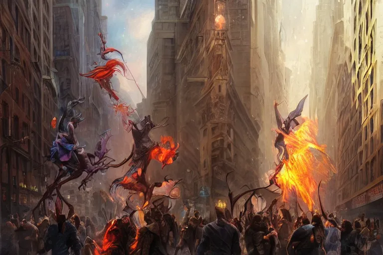 Image similar to Beautiful few sorcerers attacking people on streets with thunders in New York city , wide angle, magic, fire, face painting, dramatic lighting, intricate, wild, highly detailed, digital painting, artstation, concept art, smooth, sharp focus, illustration, art by artgerm and greg rutkowski and alphonse mucha, footage from space camera