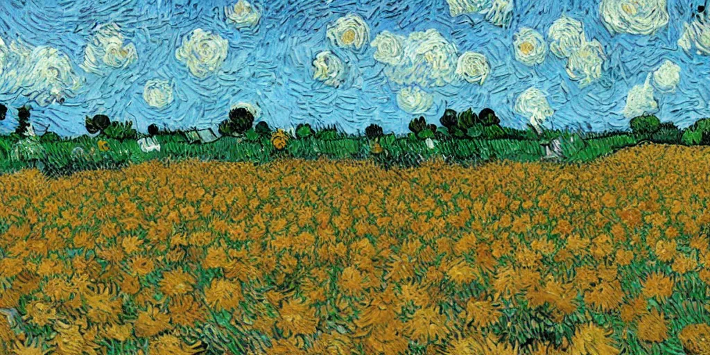 Image similar to on a sunny day, a field full of flowers, in the style of Van Gogh