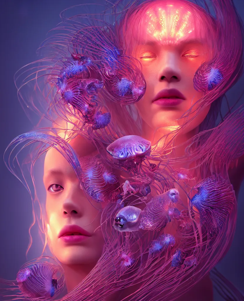 Image similar to goddess close-up portrait. orchid jellyfish phoenix head, nautilus, skull, betta fish, bioluminiscent creatures, intricate artwork by Tooth Wu and wlop and beeple. octane render, trending on artstation, greg rutkowski very coherent symmetrical artwork. cinematic, hyper realism, high detail, octane render, 8k