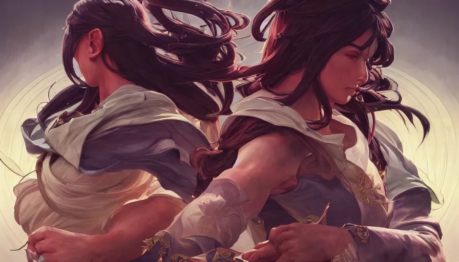 Image similar to perfectly-centered-Portrait of fighting game characters, intricate, highly detailed, digital painting, artstation, concept art, smooth, sharp focus, illustration, Unreal Engine 5, 8K, art by artgerm and greg rutkowski and alphonse mucha