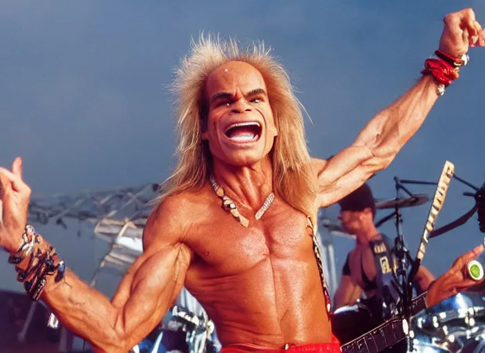 Image similar to photo still of david lee roth at the woodstock 9 9!!!!!!!! at age 3 6 years old 3 6 years of age!!!!!!!! on stage in spandex, 8 k, 8 5 mm f 1. 8, studio lighting, rim light, right side key light