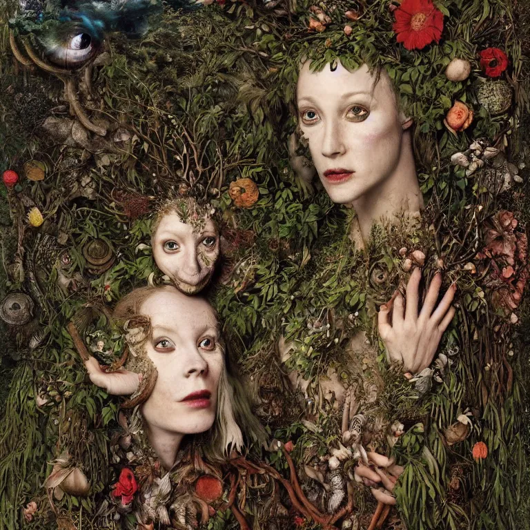 Image similar to a fish eye lense photograph of a grinning druid dryad with goat pupils transforming herself into a mad beast. her skin is covered in scales and feathers. flowers surround her body and trees tower around her. painted by jan van eyck, max ernst and ernst haeckel, trending on artstation, 8 k, award winning, hard lighting, fashion editorial