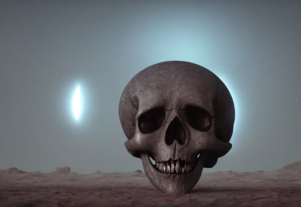 Prompt: strange alien skull in a dessert in the moon, cinematic lighting, octane tender, volumetric light, dark - art