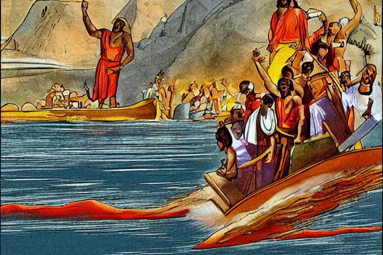 Prompt: Moses speeding down the Nile in a jetboat. The Pharaoh looking on in disbelief. Jehovah's witness Watchtower magazine paradise art.