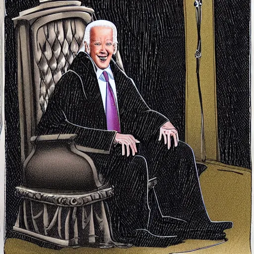 Image similar to joe biden sitting on a throne in a dark evil room with a cloak obscuring his eyes, evil grin, horror, terrifying artwork