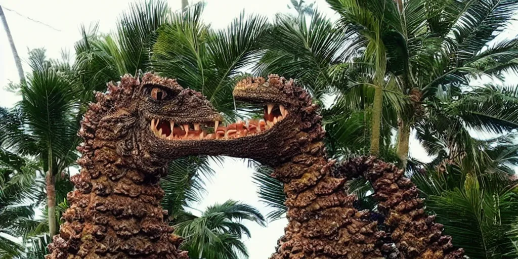 Image similar to photo of a very long neck godzilla nibbling on palm trees, silly, funny, weird and odd