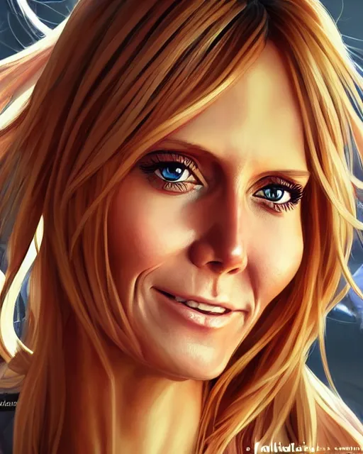 Image similar to portrait of Heidi Klum as Anime girl cute-fine-face, full body! pretty face, realistic shaded Perfect face, fine details. Anime. realistic shaded lighting by Ilya Kuvshinov Giuseppe Dangelico Pino and Michael Garmash and Rob Rey