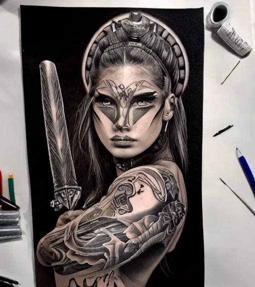 Image similar to tattoo design of a hyper realistic beautiful girl warrior, hyper detailed, inspired by eliot kohek, on white background