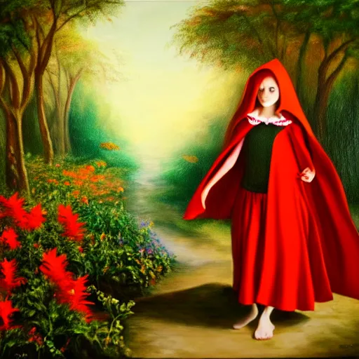 Image similar to oil painting of little red riding hood walking through a fantasy landscape filled with brugmansia suaveolens flowers